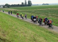 Het Vigeta-peloton in een weidse polder tijdens de tocht van Truus